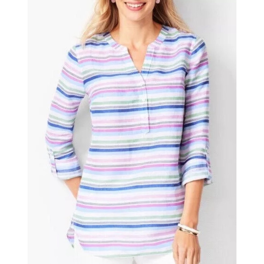 Talbots 100% Linen Multicolor Henley Blouse Horizontal Stripes